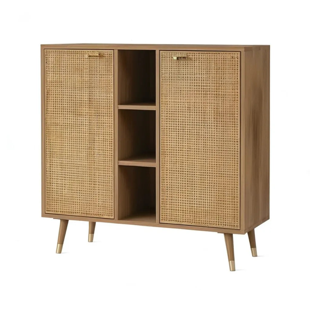 Kredens, Deska boczna jadalna 120 x 40 x 120 cm w dębie fornirowanym MDF z naturalnymi beżowymi drzwiami rattanowymi