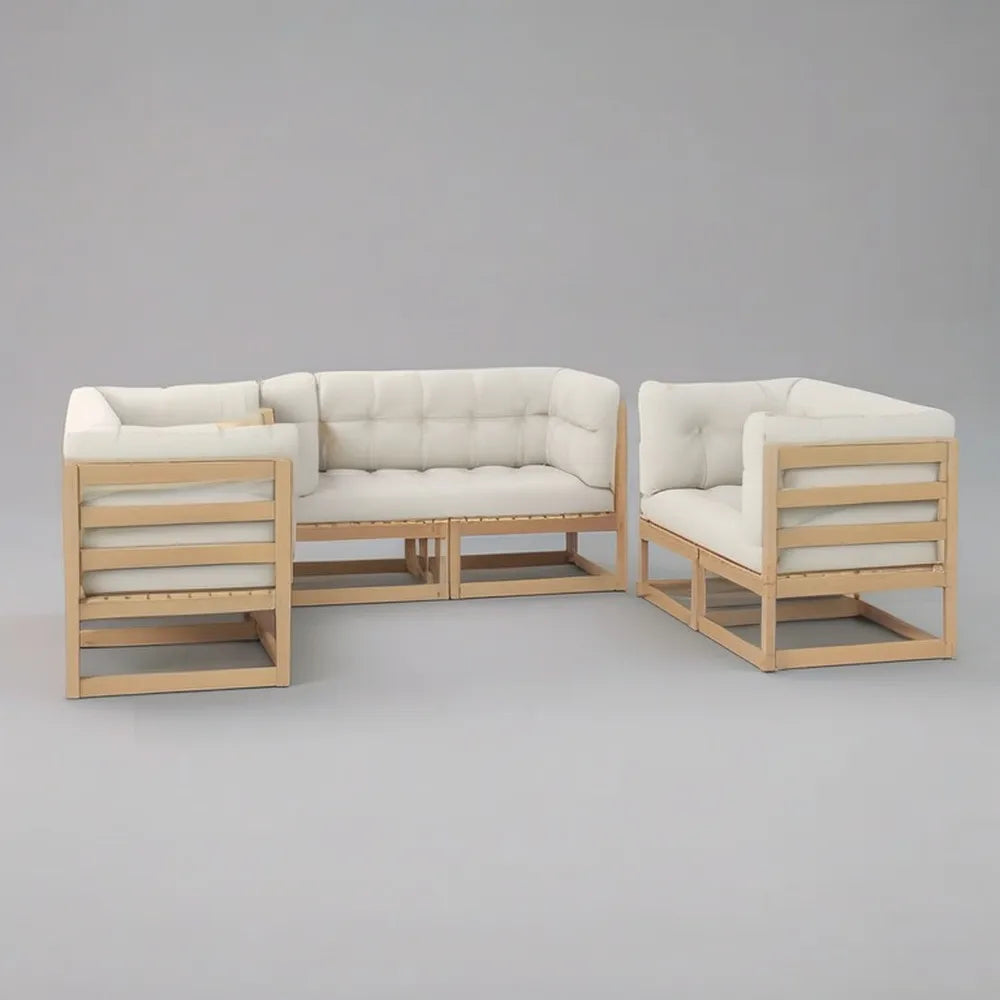 Sofa ogrodowa, Zestaw 300x80x70 cm modułowa kanapa ogrodowa w litym drewnie z beżowymi poduszkami tapicerowanymi