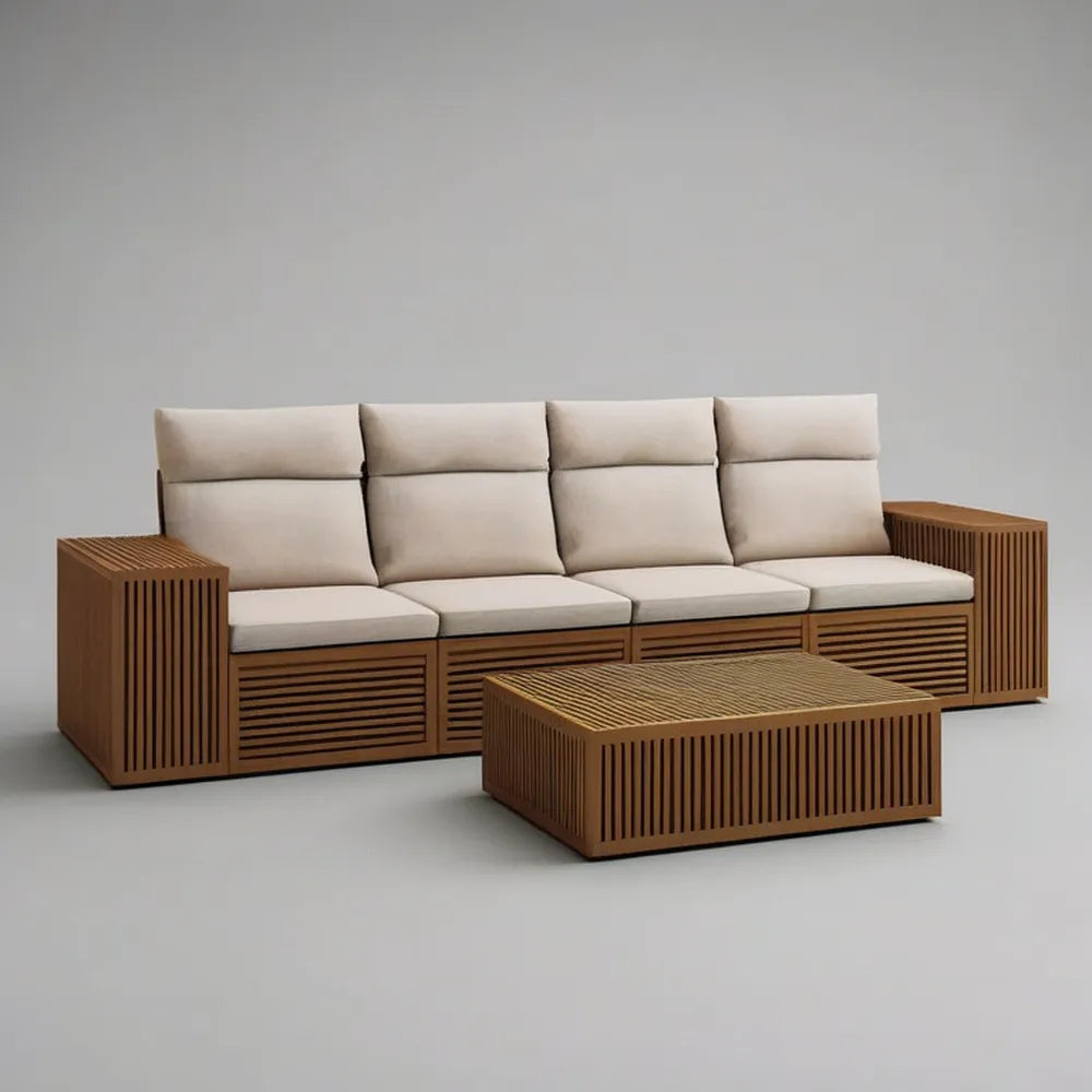 Sofa ogrodowa, Modułowa sofa ogrodowa w brązowym drewnie z beżowymi poduszkami i skoordynowanym stołem 300 x 90 x 75 cm