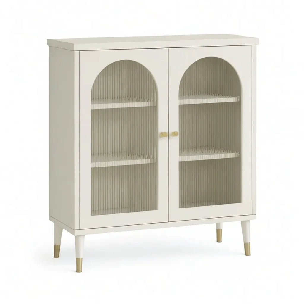 Kredens, Prostokątny stół 2-drzwiowy z MDF i białego szkła prążkowanego 80 x 40 x 100 cm