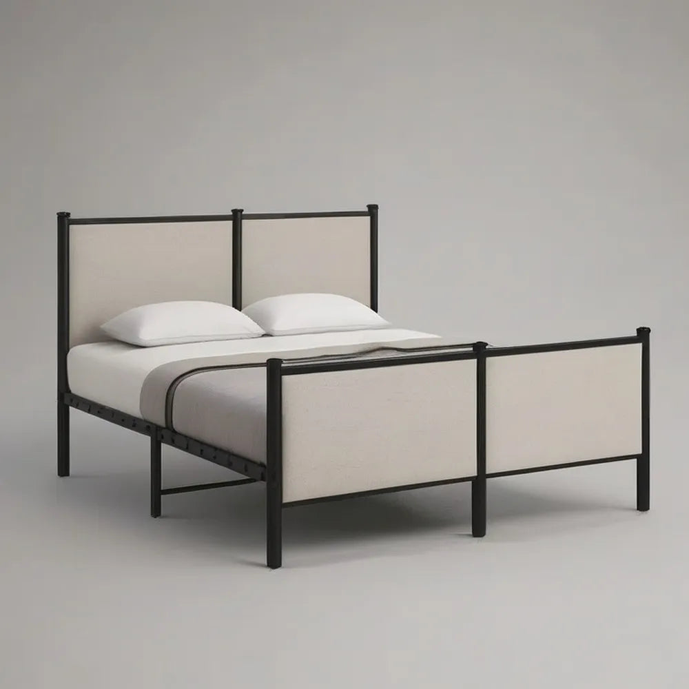 Łóżko podwójne 160 x 200 cm w czarny metalu z beżowym wyściełanym deską zagłówkową