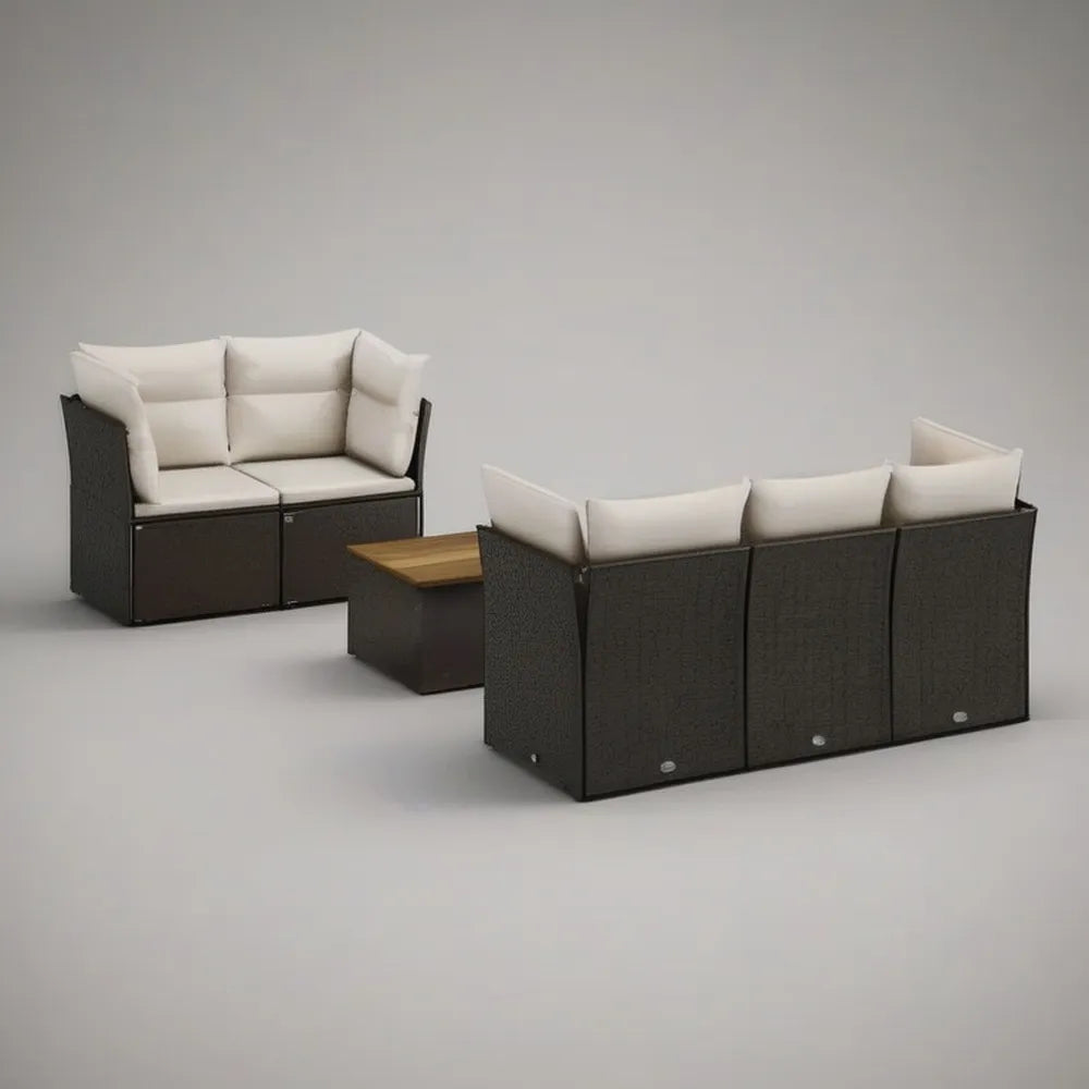 Sofa ogrodowa, Zestaw modułowa kanapa ogrodowa 7 miejsc w czarnym syntetyczny rattan z beżowych poduszki i drewniany stół