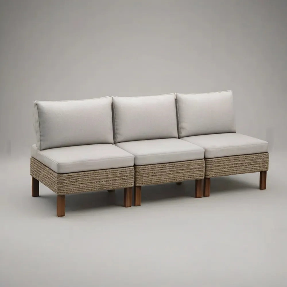 Sofa ogrodowa, 3 fotela ogrodowa sofa 210 x 85 cm w syntetycznym beżowym rattanie z poduszek z białym kremem