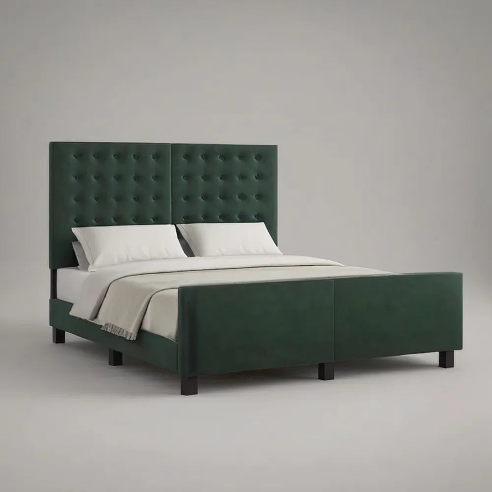 Łóżko podwójne 160 x 200 cm ciemnozielone z tapicerowaną deską i pokrytą konstrukcją