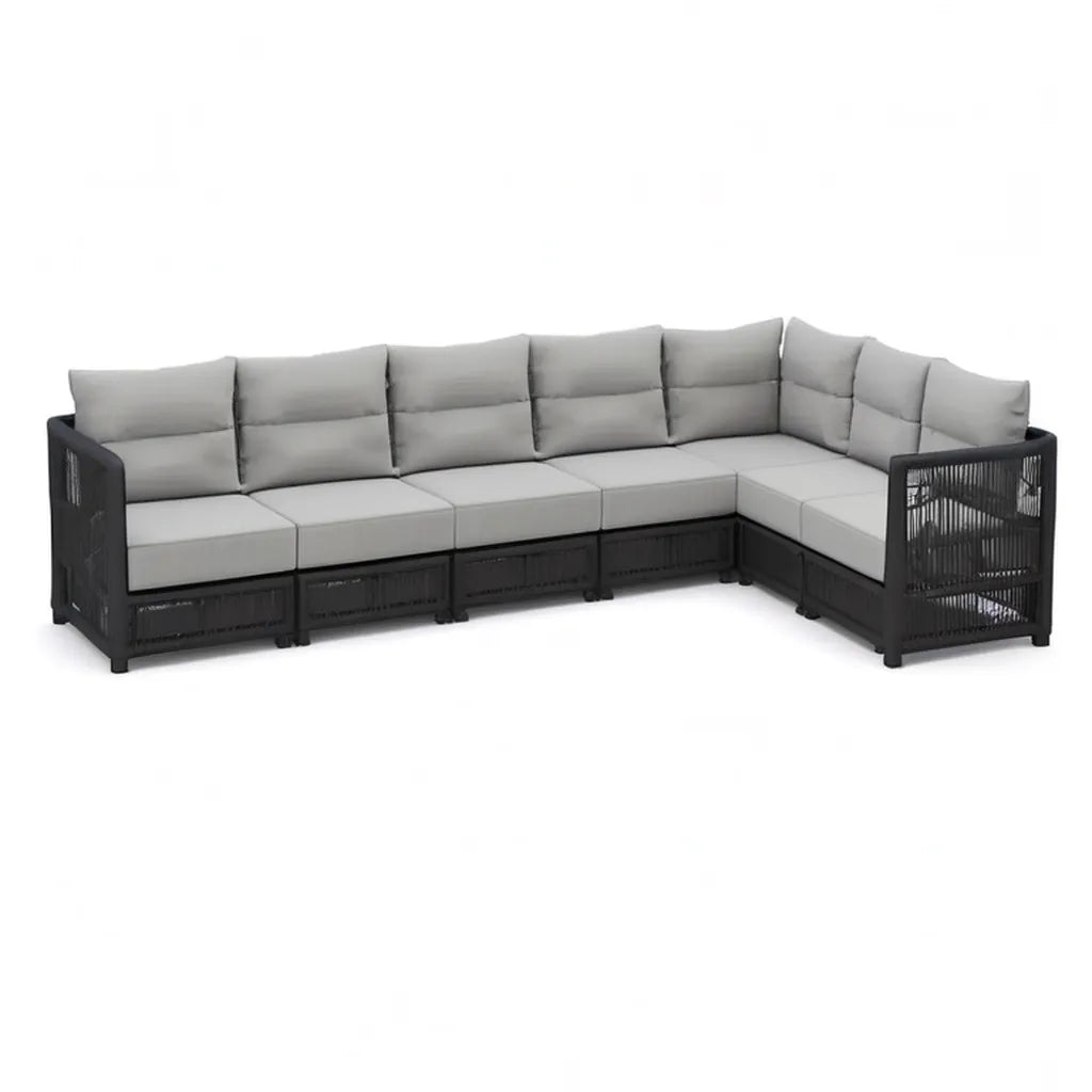Sofa ogrodowa, Modułowa kanapa narożna 5 miejsc aluminiowych i syntetycznych rattan PE szary i czarny 300 x 230 x 75 cm