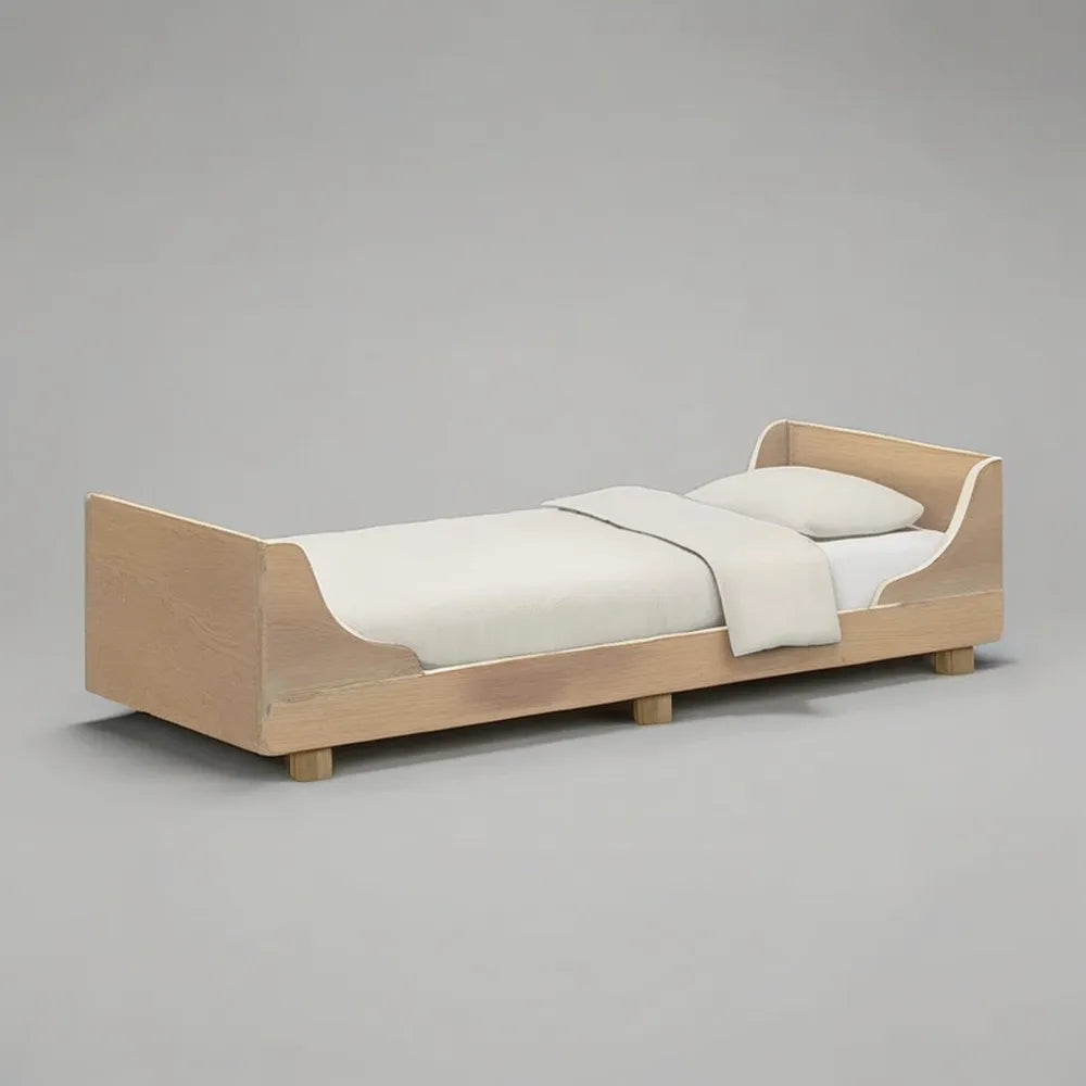 Łóżko pojedyncze w MDF efekt lekki dąb 90 x 200 cm z deską i podniesioną pediatrą