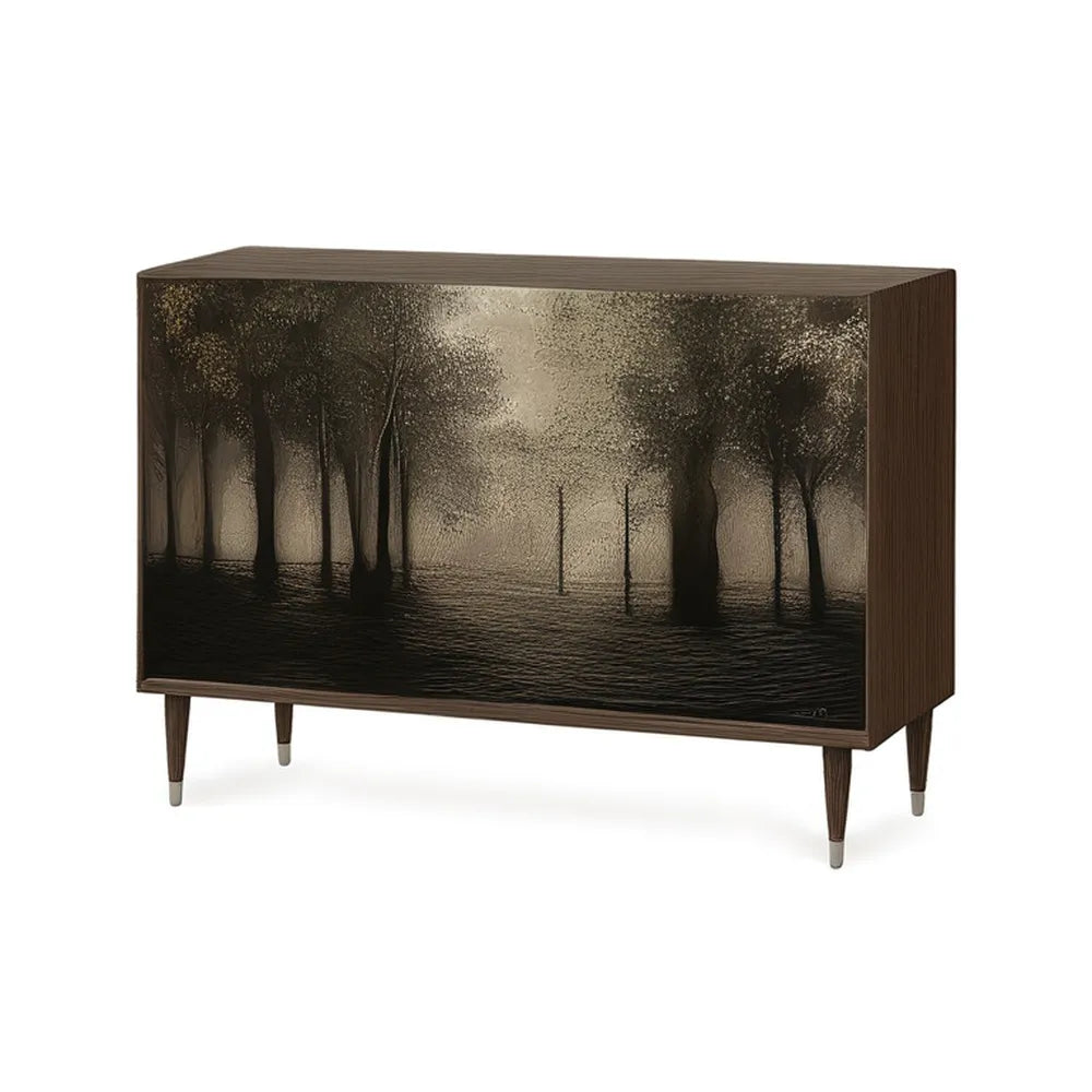 Kredens, Brązowy bufet z 2 drzwiami i fasadą leśną w panelach melaminowych i stalowych nogach 160x40x85 cm