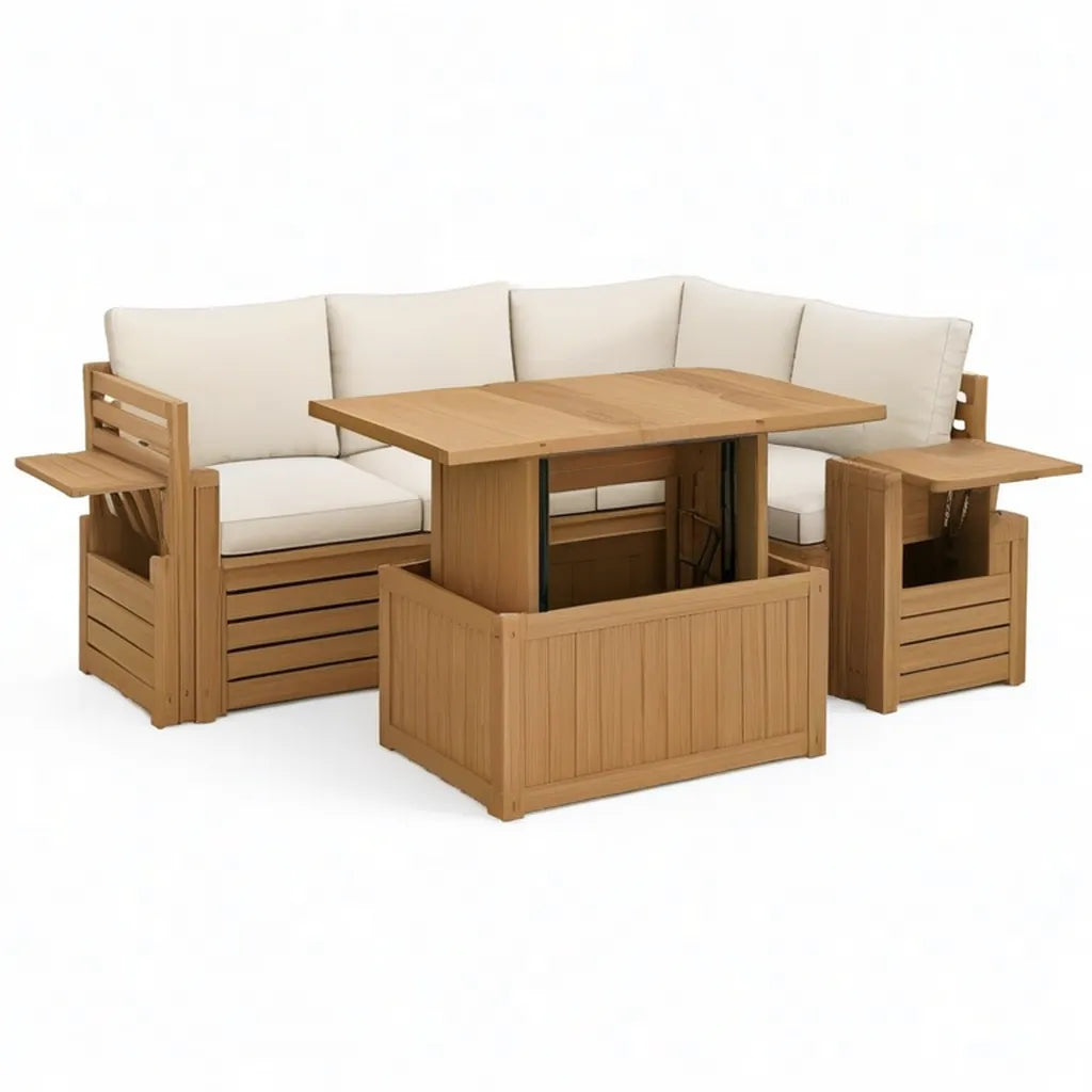Sofa ogrodowa, Ustaw kanapę narożną w litym drewnie z drewna acacia z regulowanym stołem i beżowymi poduszkami 210 x 210 x 85 cm