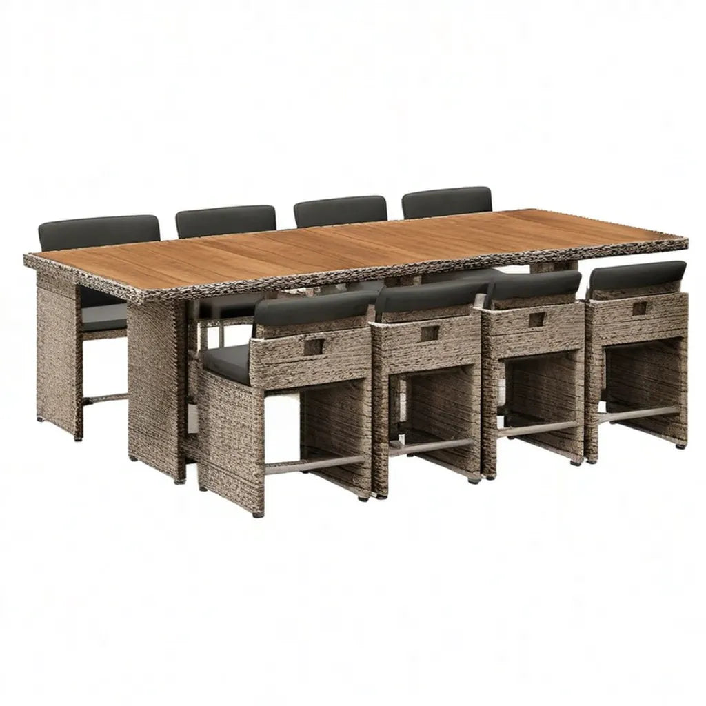 Sofa ogrodowa, Zestaw jadalny ogród 11 prostokątnych kawałków z tabeli 250 x 100 x 75 cm i 10 krzeseł w polirattan PE i akacia lite szary i brązowy