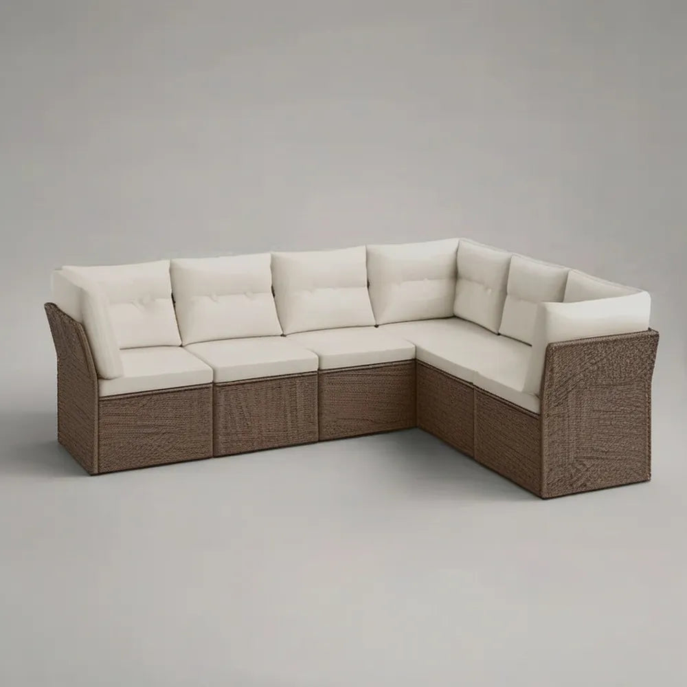 Sofa ogrodowa, Zestaw modułowy narożnik sofa ogrodowa 6 fotele 290 x 220 cm w brązowym syntetyczny rattan z beżowych poduszki