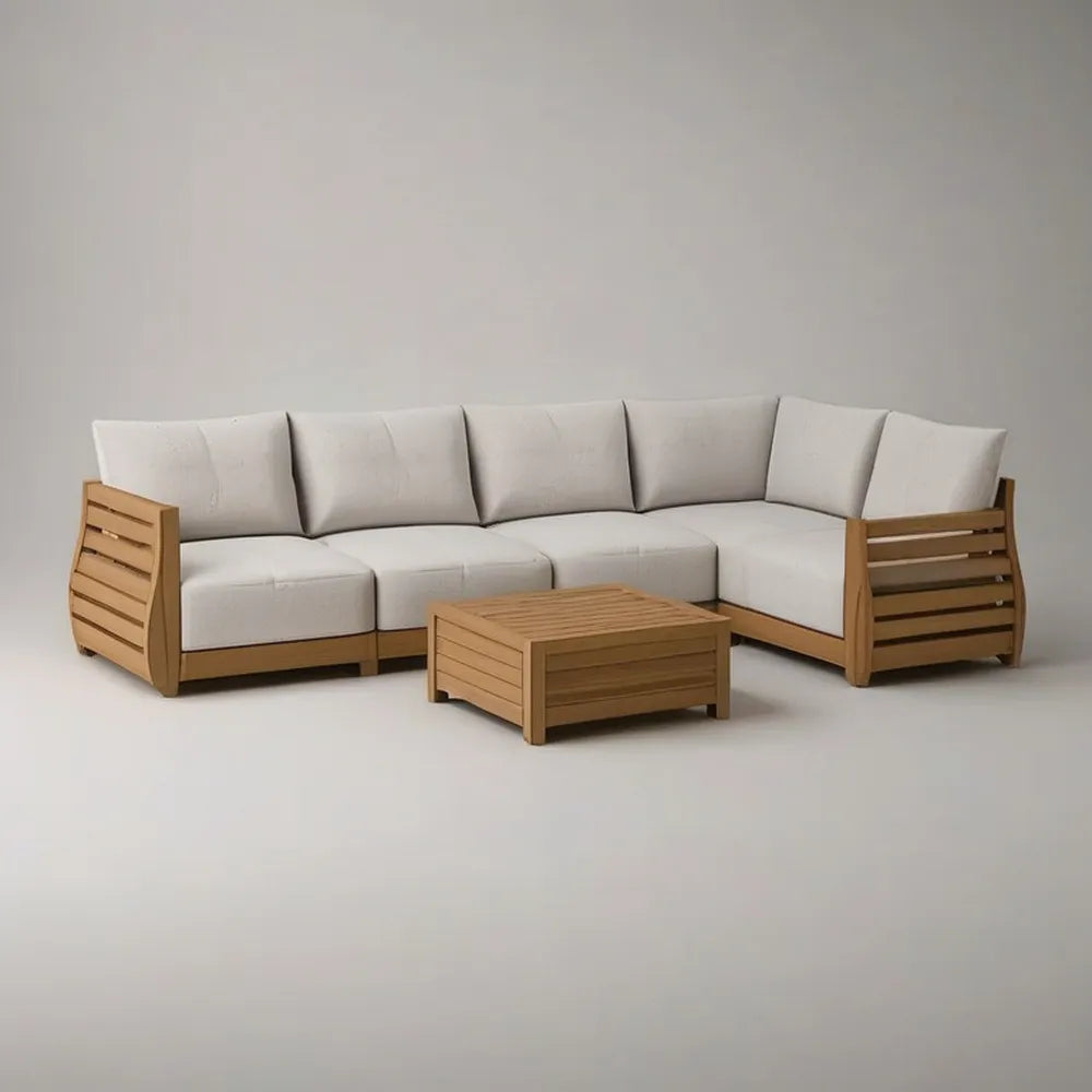Sofa ogrodowa, Zestaw modułowy narożna kanapa ogrodowa 300 x 220 cm w brązowym drewnie z beżowymi poduszkami i skoordynowanym stołem