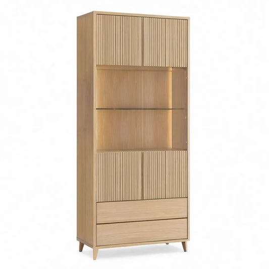 Kredens, Weterana wysoka 90 x 40 x 190 cm w dębie fornirowanym MDF ze szkłem i drzwiami kanałowymi LED