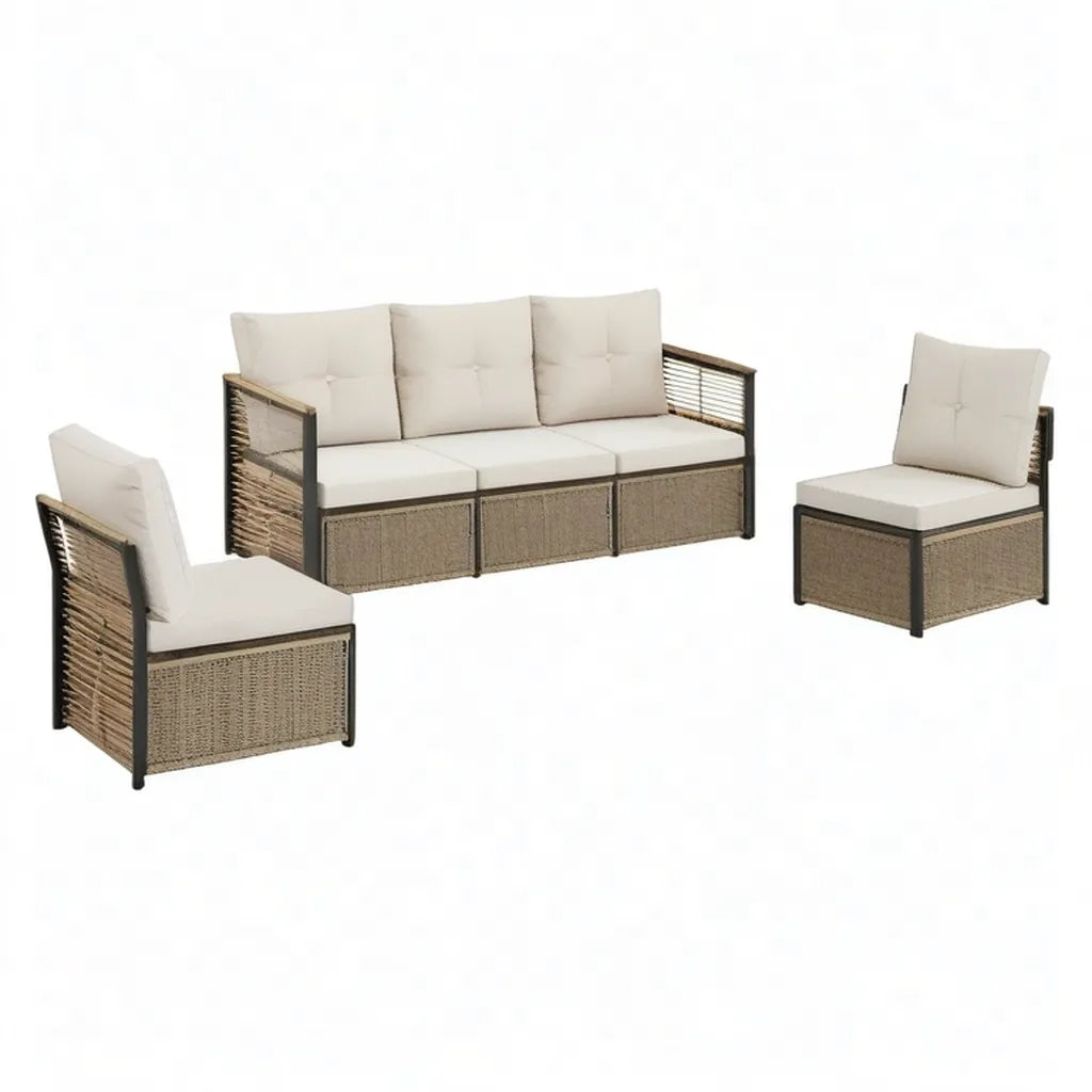 Sofa ogrodowa, Zestaw do siedzenia w ogrodzie 3 elementy z sofą 3 fotele i 2 fotele w rattanie PE i beżowej stali 200 x 75 x 76 cm