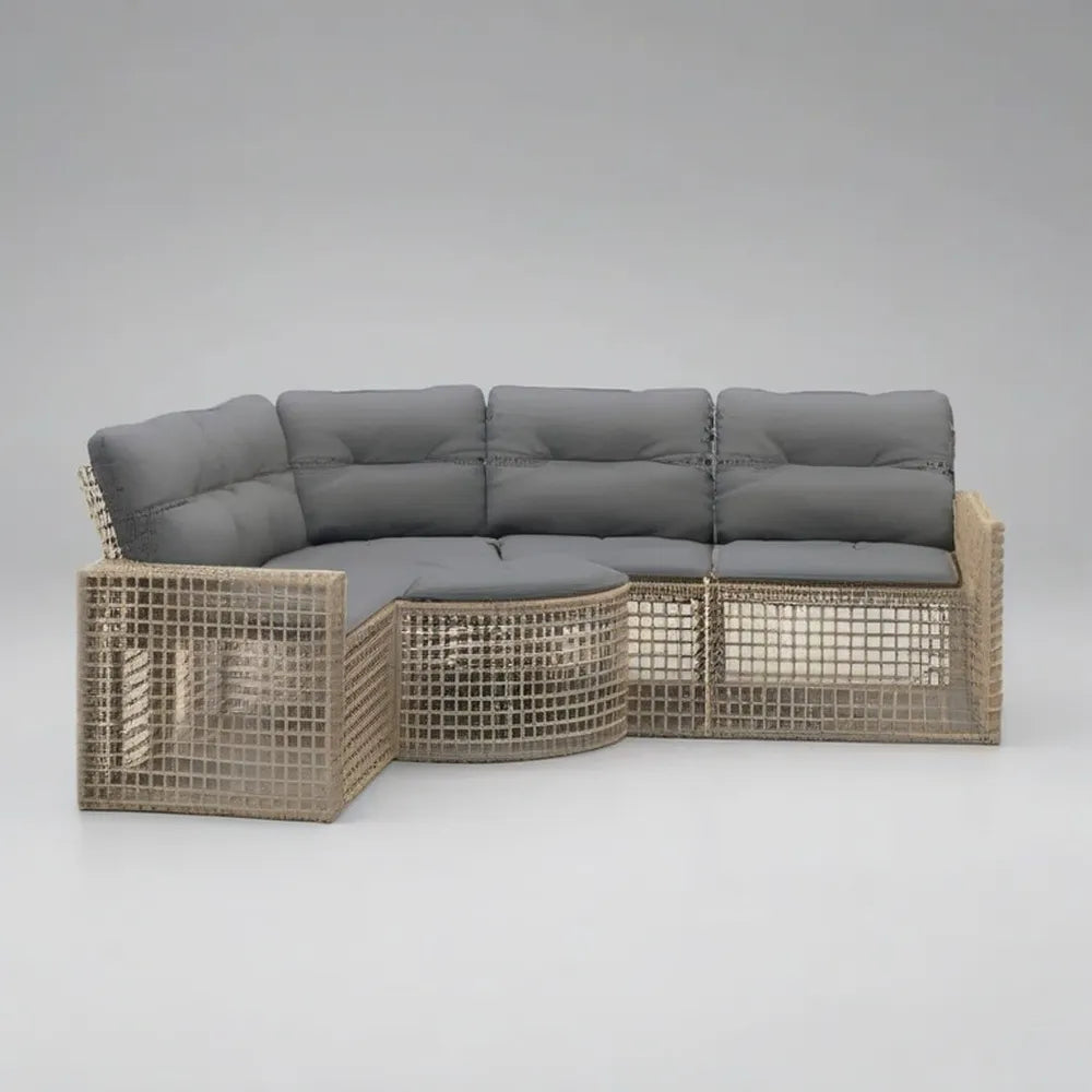Sofa ogrodowa, Kanapa ogrodowa 280 x 200 cm w syntetycznym beżowym rattanie z szarymi poduszkami i zintegrowanym stołem