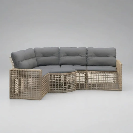 Sofa ogrodowa, Kanapa ogrodowa 280 x 200 cm w syntetycznym beżowym rattanie z szarymi poduszkami i zintegrowanym stołem