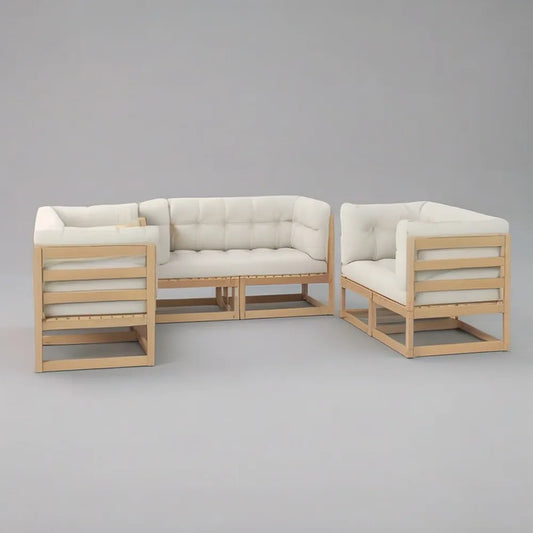 Sofa ogrodowa, Zestaw 300x80x70 cm modułowa kanapa ogrodowa w litym drewnie z beżowymi poduszkami tapicerowanymi