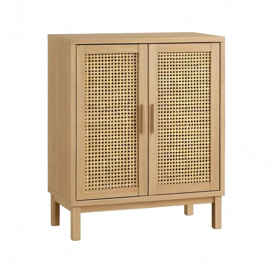 Kredens, 2-drzwiowa boczna płyta z dębu naturalnego MDF i prostokątnego rattanu 80 x 40 x 110 cm
