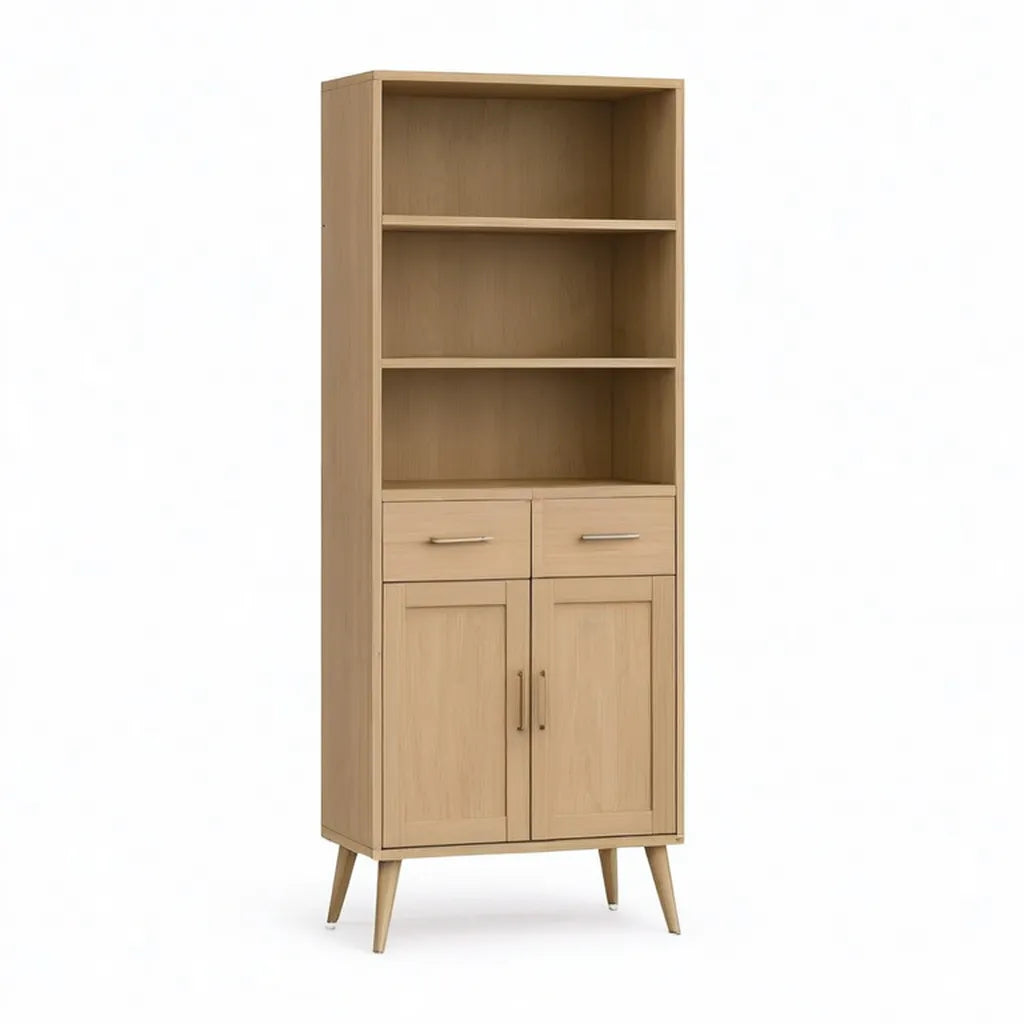 Kredens, Wysokie przechowywanie bufetu 80 x 40 x 200 cm z naturalnego dębowego MDF z 3 półkami 2 szuflady i 2 drzwi
