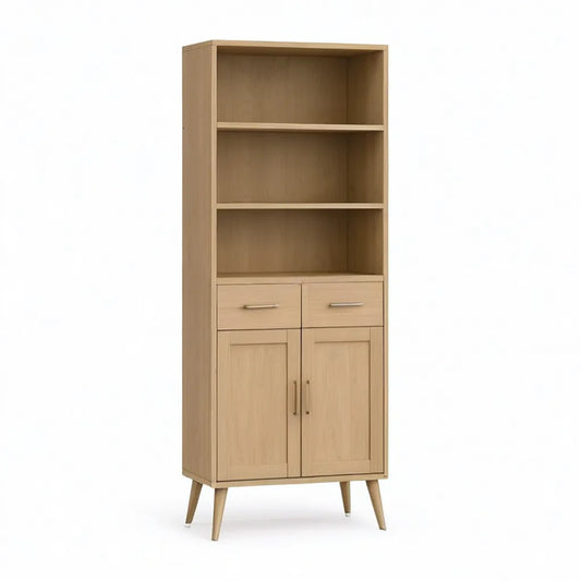 Kredens, Wysokie przechowywanie bufetu 80 x 40 x 200 cm z naturalnego dębowego MDF z 3 półkami 2 szuflady i 2 drzwi