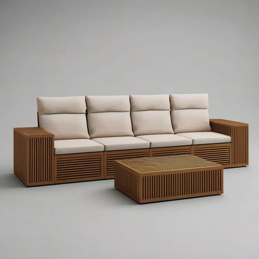 Sofa ogrodowa, Modułowa sofa ogrodowa w brązowym drewnie z beżowymi poduszkami i skoordynowanym stołem 300 x 90 x 75 cm