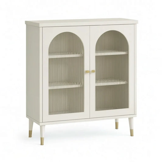 Kredens, Prostokątny stół 2-drzwiowy z MDF i białego szkła prążkowanego 80 x 40 x 100 cm