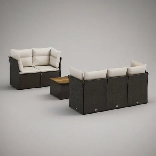 Sofa ogrodowa, Zestaw modułowa kanapa ogrodowa 7 miejsc w czarnym syntetyczny rattan z beżowych poduszki i drewniany stół