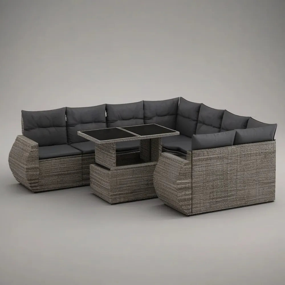 Sofa ogrodowa, Kanapa ogrodowa z rożna 280 x 220 x 70 cm w szarym rattanie syntetycznym ze stołem i wyściełanymi poduszkami