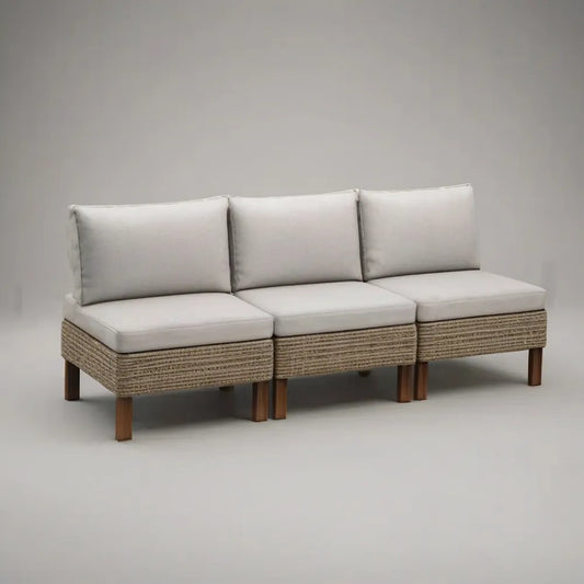 Sofa ogrodowa, 3 fotela ogrodowa sofa 210 x 85 cm w syntetycznym beżowym rattanie z poduszek z białym kremem