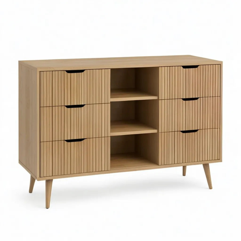 Kredens, 6 szuflad i 3 półki MDF z efektem naturalnego dębu 120 x 40 x 85 cm