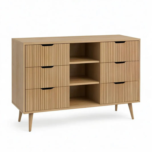 Kredens, 6 szuflad i 3 półki MDF z efektem naturalnego dębu 120 x 40 x 85 cm