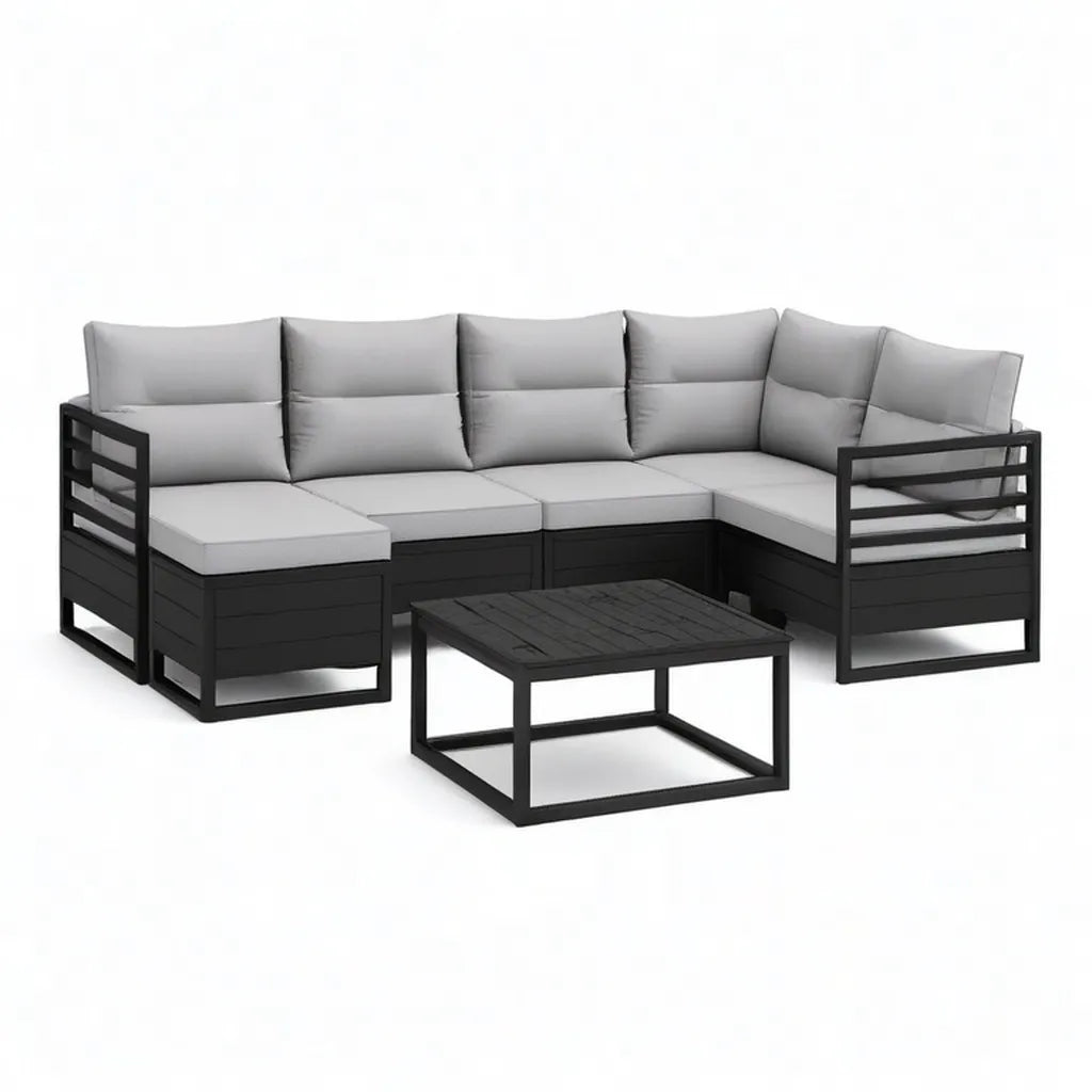 Sofa ogrodowa, Zestaw kanapa narożna ogrodowa 5 sztuk z tabeli 210 x 140 cm w czarnym polipropylenu i szarych poduszek