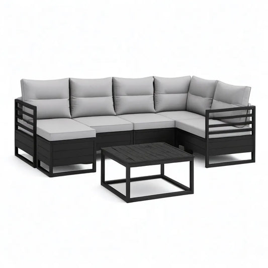 Sofa ogrodowa, Zestaw kanapa narożna ogrodowa 5 sztuk z tabeli 210 x 140 cm w czarnym polipropylenu i szarych poduszek