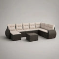 Sofa ogrodowa, Rożna sofa ogrodowa 300 x 250 cm w brązowym rattanie syntetycznym ze stołem i beżowymi poduszkami