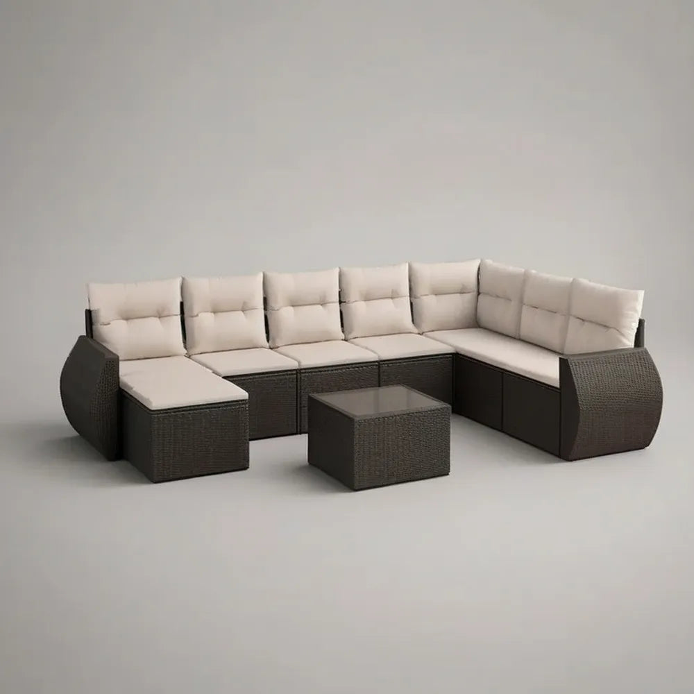Sofa ogrodowa, Rożna sofa ogrodowa 300 x 250 cm w brązowym rattanie syntetycznym ze stołem i beżowymi poduszkami