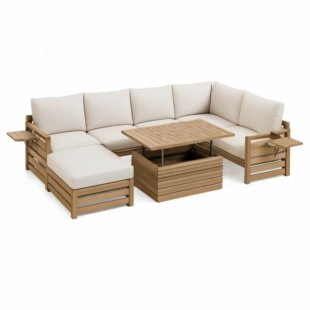 Sofa ogrodowa, Zestaw narożnych sof ogrodowych 6 kawałków z litego drewna beżowej akacji 280 x 220 x 75 cm