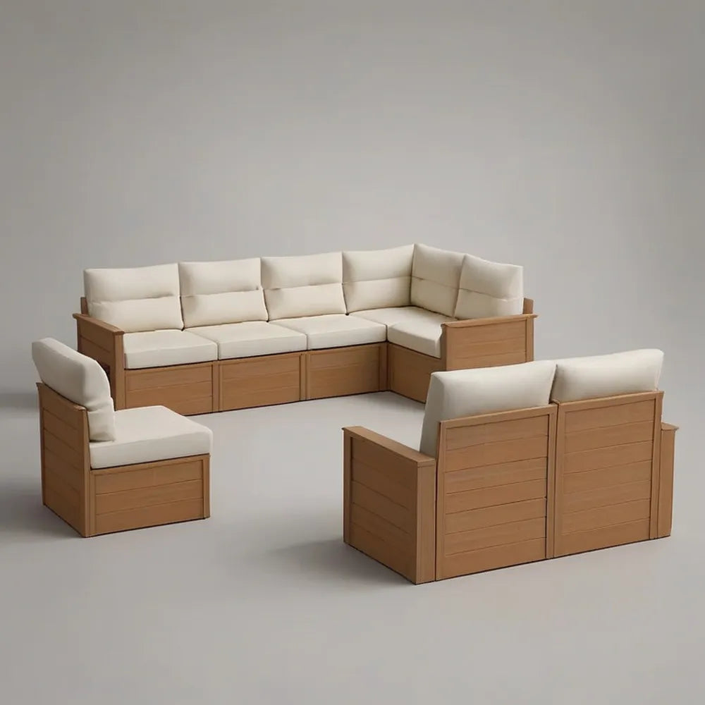 Sofa ogrodowa, Kącik modułowy sofa ogrodowa 7 brązowe drewniane siedzenia z beżowych poduszki