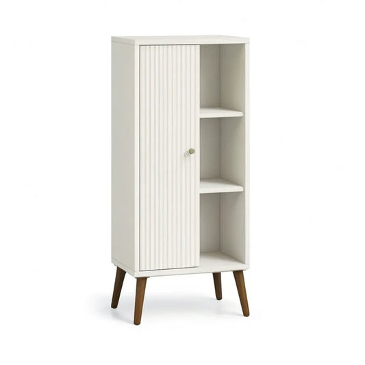 Kredens, Wysoka boczna deska z drzwiami przesuwanymi 60 x 35 x 120 cm w kolorze białym MDF z litymi nogami z drewna