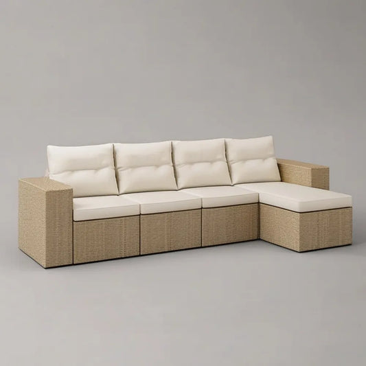 Sofa ogrodowa, Modułowa kanapa ogrodowa 300 x 90 x 75 cm w syntetycznym beżowym rattanie z białą poduszką