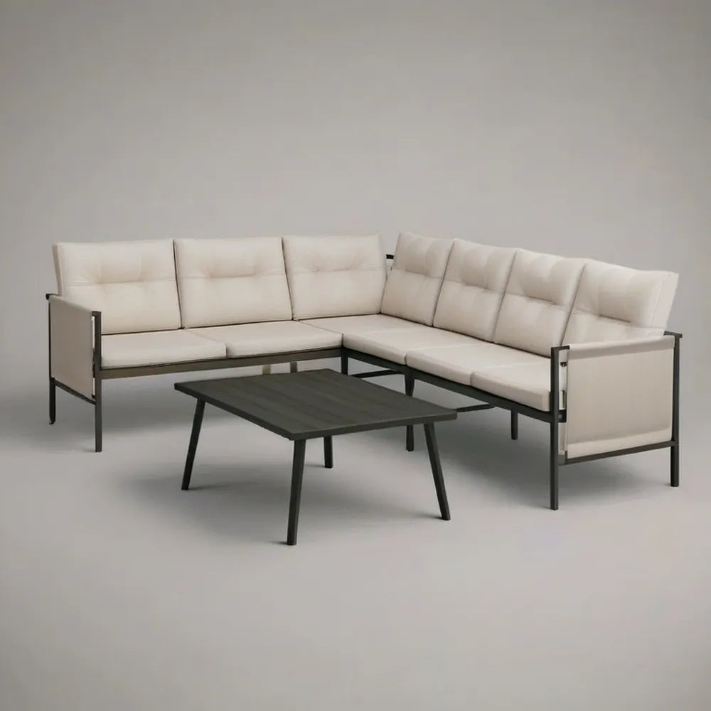 Sofa ogrodowa, Zestaw modułowej narożnej sofy w czarny metal z beżowych poduszki i dopasowanie tabeli 280 x 220 cm