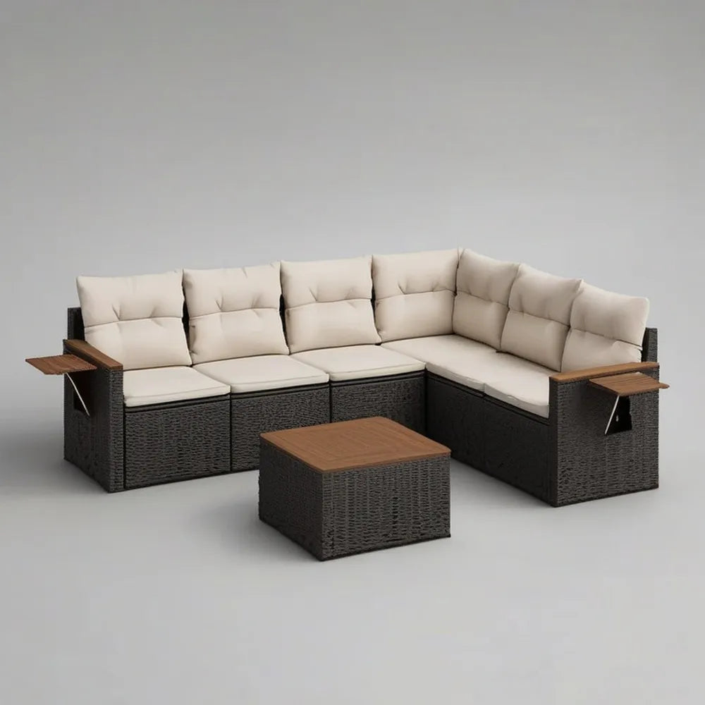 Sofa ogrodowa, Zestaw modułowy narożnik kanapa ogrodowa 7 miejsc w czarnym syntetyczny rattan z beżowych poduszki i brązowy drewniany stół