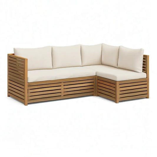 Sofa ogrodowa, Ogrodowa kanapa narożna 2-częściowa z drewna acacia z poliestrowym kloszem kształt litery L kremu przyroda 220 x 220 x 75 cm