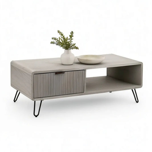 Stolik do kawy z magazynem MDF Materiał drewniany Szary optyka drewna Nogi z czarnego metalu 120 x 60 x 45 cm