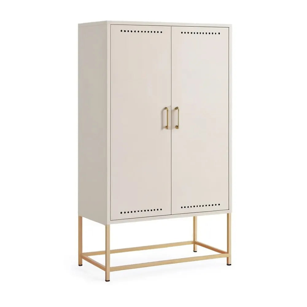 Kredens, Biała, wysoka bocznica z 2 drzwiami i nóżkami ze stali złotej w panelach MDF 100x40x135 cm