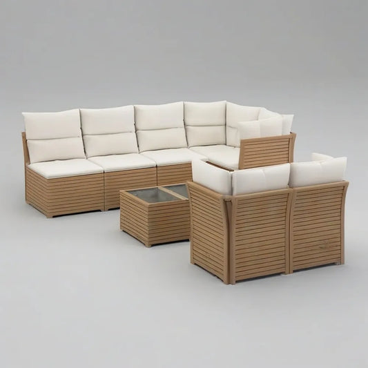 Sofa ogrodowa, Modułowa sofa ogrodowa 350 x 90 x 75 cm w brązowym drewnie z białym poduszeczkiem i skoordynowanym stołem