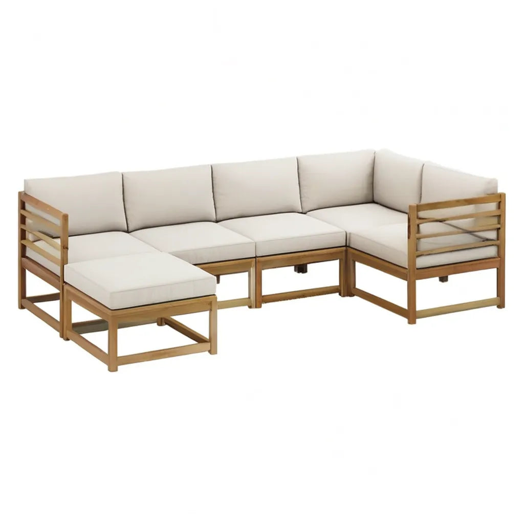 Sofa ogrodowa, Zestaw modułowy narożna kanapa ogrodowa 5 miejsc w litym naturalnym drewnie z beżowymi poduszkami 260 x 195 x 65 cm