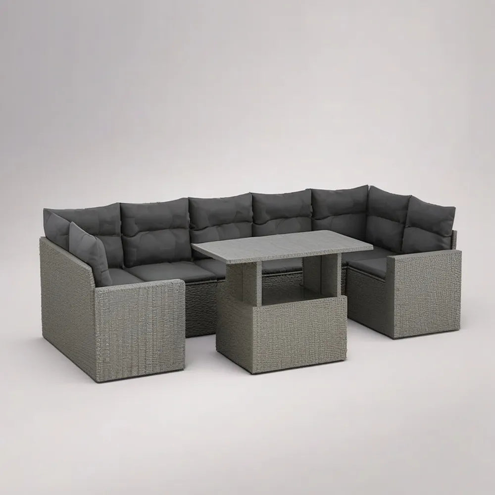 Sofa ogrodowa, Zestaw 300x200x70 cm modułowa sofa ogrodowa w szarej rattanie syntetycznym z poduszkami tapicerowanymi i stołem dopasowującym