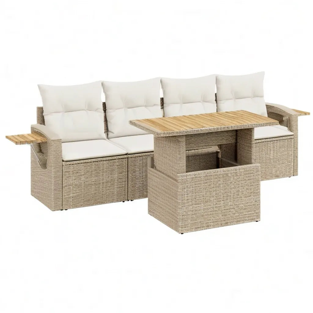 Sofa ogrodowa, Zestaw 4 kanapy ogrodowe z regulowanym stołem w beżowym polirattanie i poduszek kremowych 253 x 75 x 88 cm