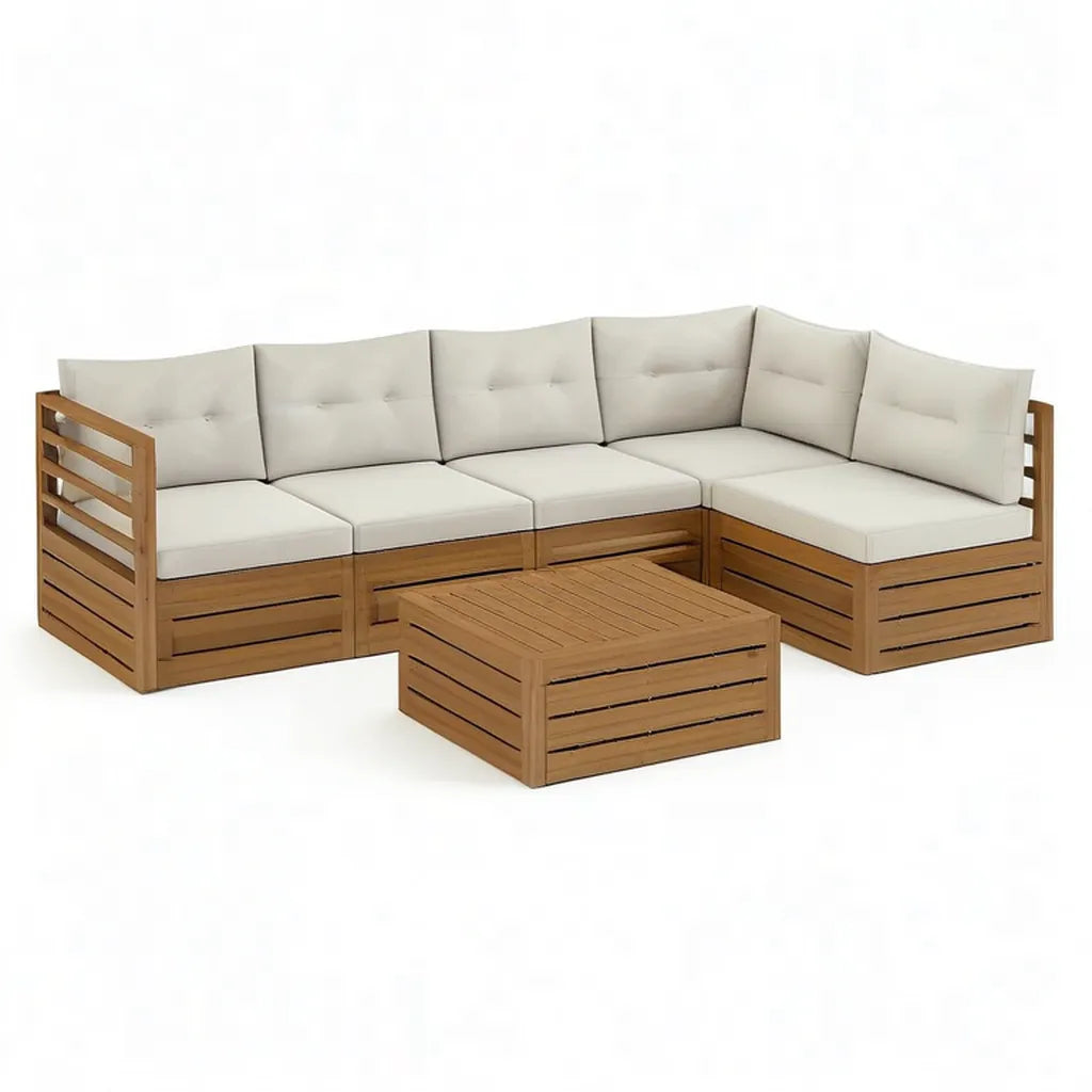 Sofa ogrodowa, Zestaw kanapa narożna ogrodowa 5 sztuk w litym drewnie acacia z poduszek śmietankowych 280 x 210 cm