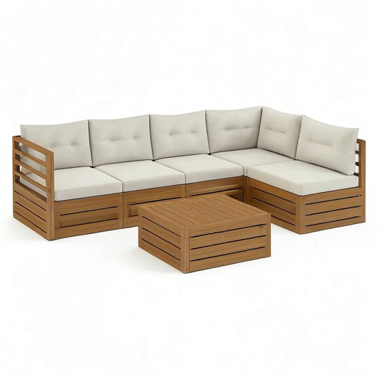 Sofa ogrodowa, Zestaw kanapa narożna ogrodowa 5 sztuk w litym drewnie acacia z poduszek śmietankowych 280 x 210 cm