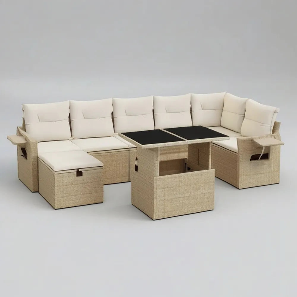 Sofa ogrodowa, Zestaw modułowy narożna kanapa ogrodowa w syntetycznym beżowym rattanie ze stołem i poduszkami 330 x 220 x 70 cm